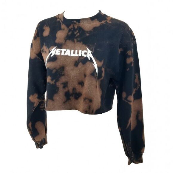 METALLICA Acid Wash, Distressed Cropped Crop Top Long Sleeve Crewneck Sweatshirt - Picture 3 of 5
